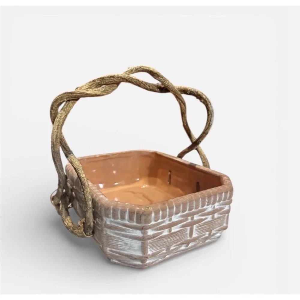 White Wash Basket Ceramic Rustic Terracotta With Real Vine Handles. 8x7x6
